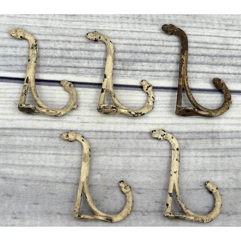 LOT OF 5 ANTIQUE SALVAGED CAST IRON DOUBLE COAT / HAT HOOKS